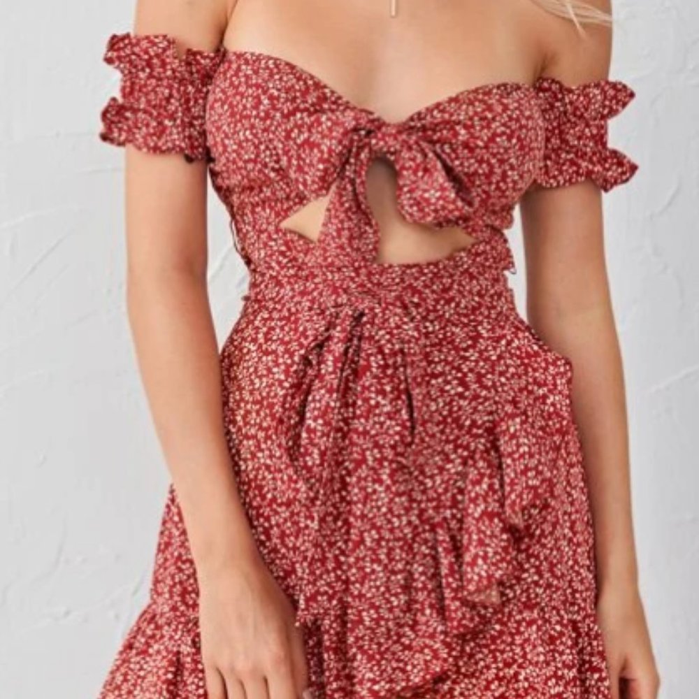 Tie Front Cutout Detail Shirred Back Bardot Dress